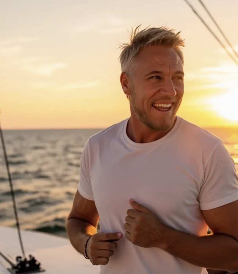 Darren Argyle on yacht at sunset